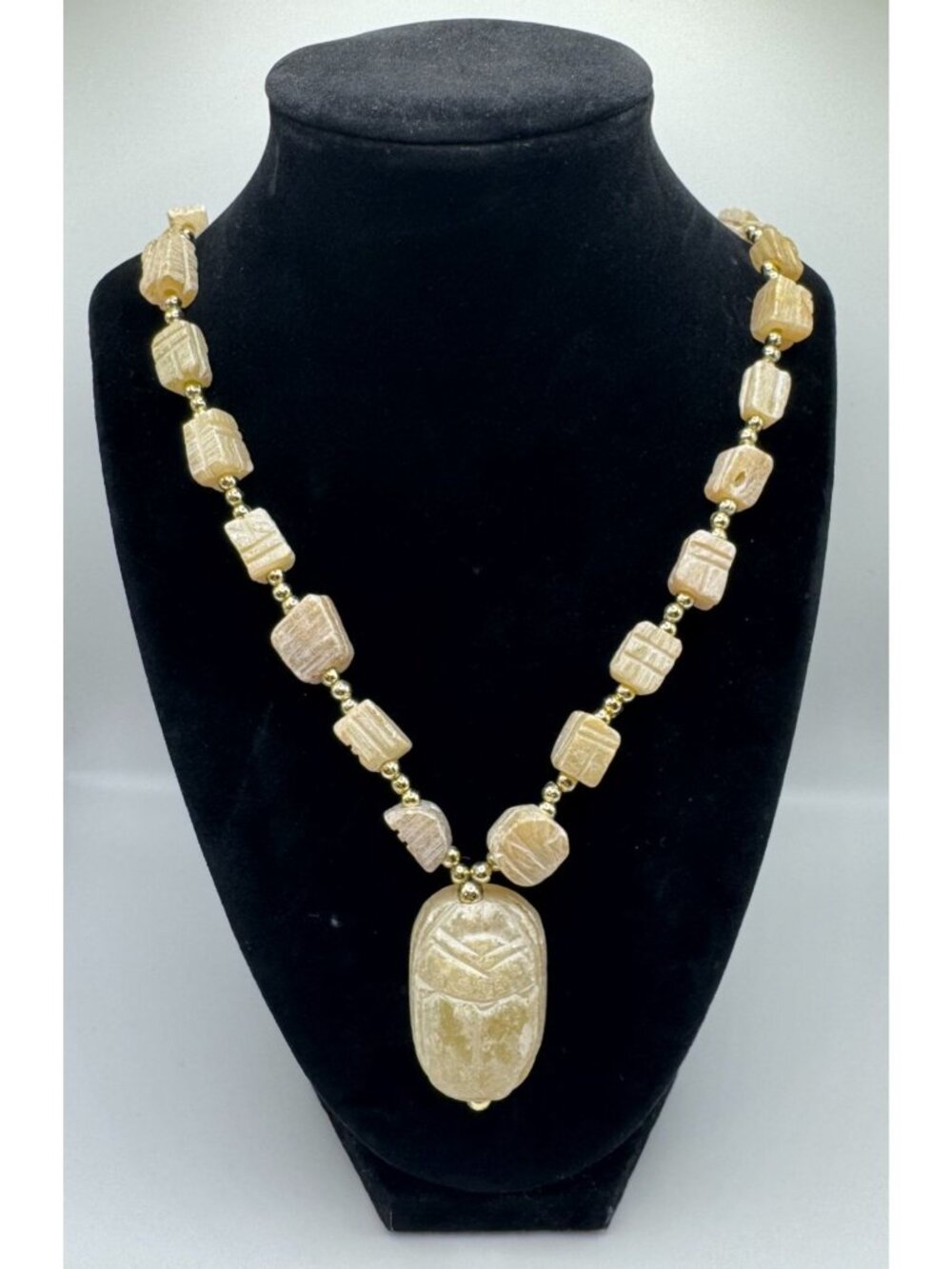 Vtg 1970 Egyptian Revival Soapstone Beetle Scarab Statement Necklace